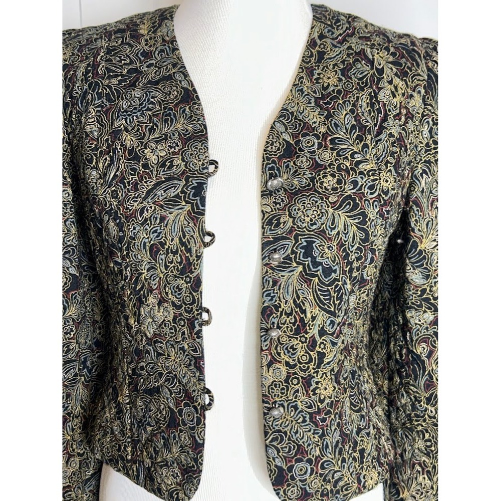 Vintage Quilted Cropped Jacket Black Gold Floral Paisley Tapestry Size 6
